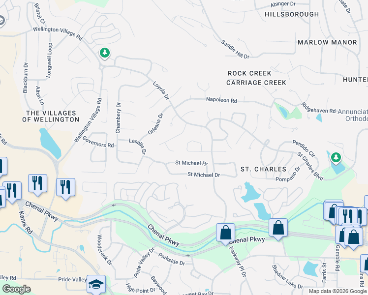 map of restaurants, bars, coffee shops, grocery stores, and more near 47 Saint Thomas Court in Little Rock