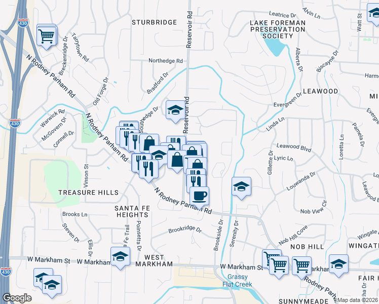 map of restaurants, bars, coffee shops, grocery stores, and more near 73 Reservoir Heights Drive in Little Rock