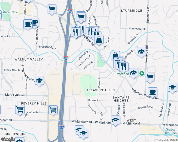 map of restaurants, bars, coffee shops, grocery stores, and more near 70 Warwick Road in Little Rock