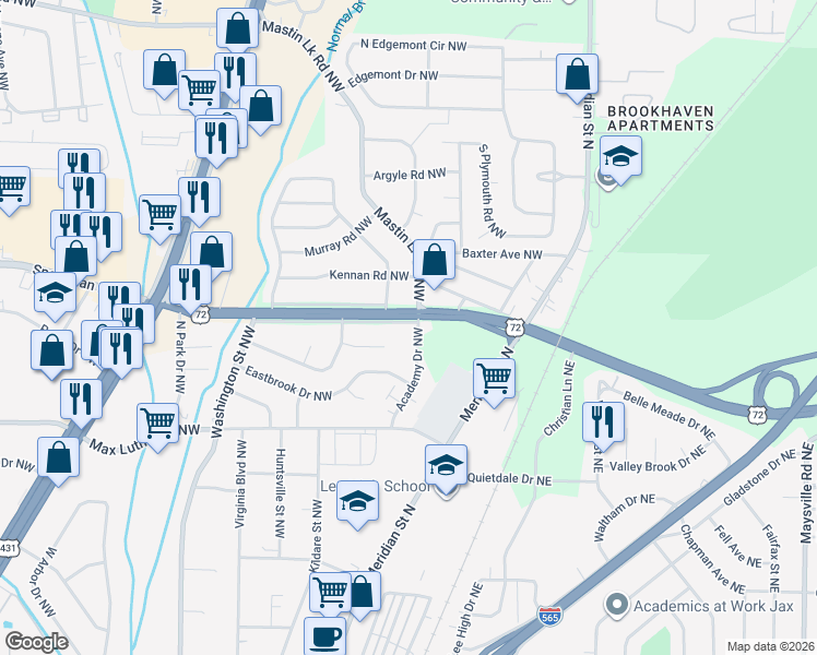 map of restaurants, bars, coffee shops, grocery stores, and more near 501 Laurel Drive Northwest in Huntsville