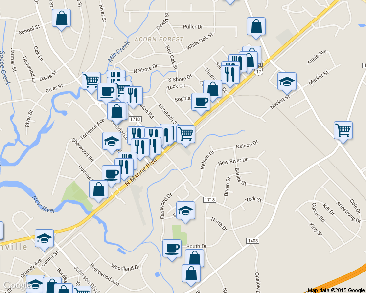map of restaurants, bars, coffee shops, grocery stores, and more near 910 North Marine Boulevard in Jacksonville