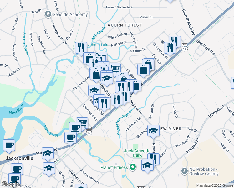 map of restaurants, bars, coffee shops, grocery stores, and more near 603 North Marine Boulevard in Jacksonville