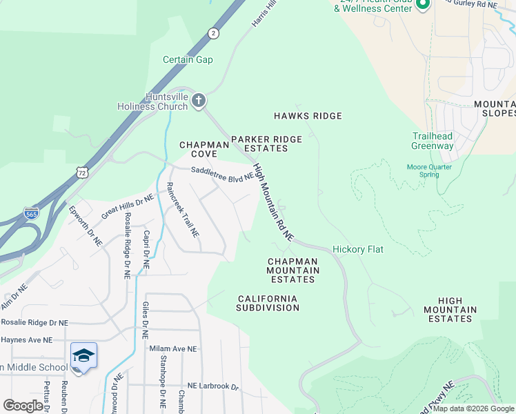 map of restaurants, bars, coffee shops, grocery stores, and more near 4015 High Mountain Road Northeast in Huntsville