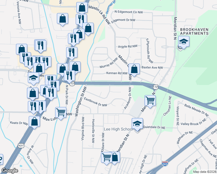 map of restaurants, bars, coffee shops, grocery stores, and more near 2706 Dawson Circle Northwest in Huntsville