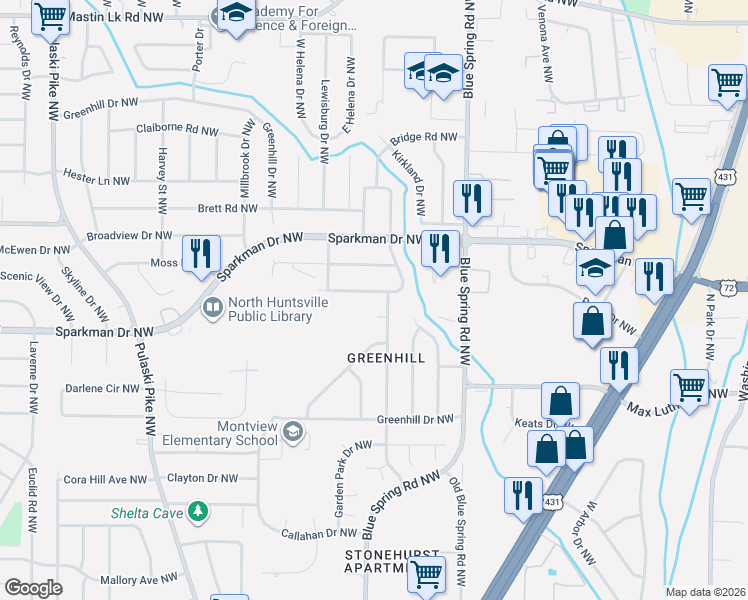 map of restaurants, bars, coffee shops, grocery stores, and more near 2629 Thornhill Road Northwest in Huntsville