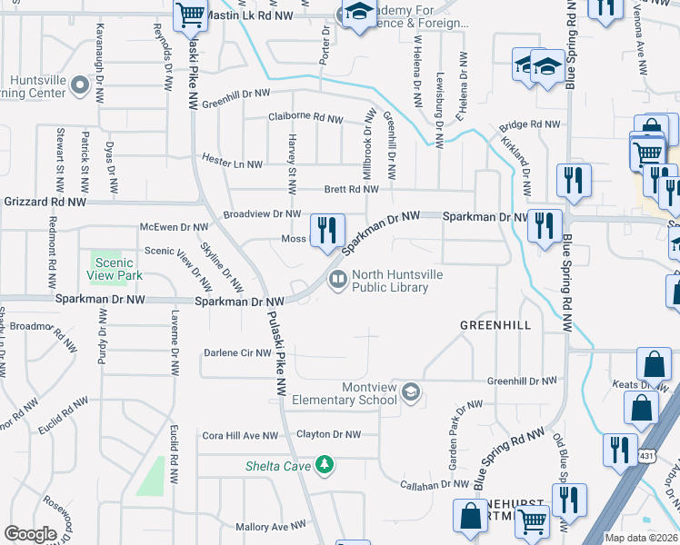 map of restaurants, bars, coffee shops, grocery stores, and more near 3009 Sparkman Drive Northwest in Huntsville