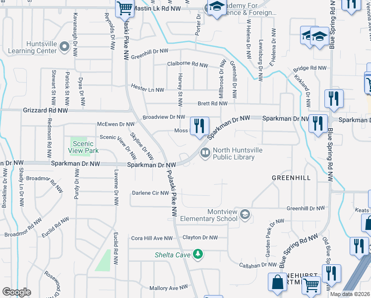 map of restaurants, bars, coffee shops, grocery stores, and more near 3014 Sparkman Drive Northwest in Huntsville