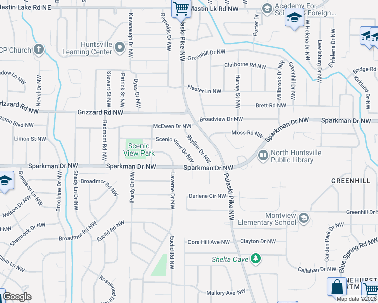 map of restaurants, bars, coffee shops, grocery stores, and more near 2604 Scenic View Drive Northwest in Huntsville