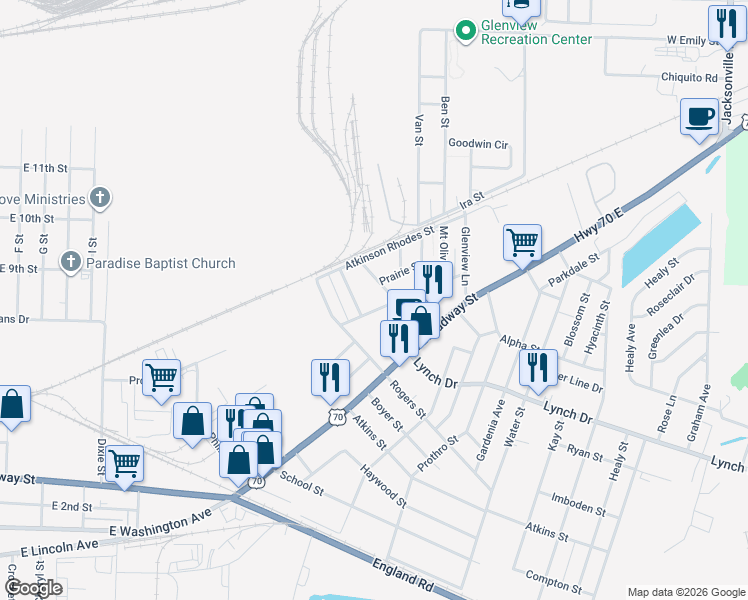 map of restaurants, bars, coffee shops, grocery stores, and more near 620 Poe Street in North Little Rock
