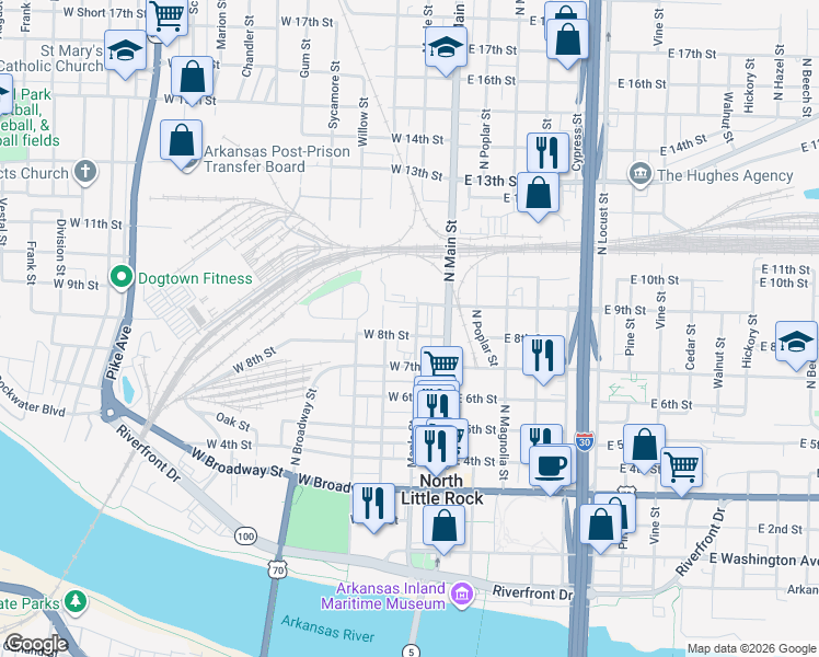 map of restaurants, bars, coffee shops, grocery stores, and more near 724 Orange Street in North Little Rock