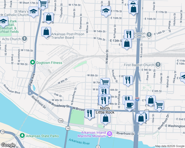 map of restaurants, bars, coffee shops, grocery stores, and more near 724 Orange Street in North Little Rock