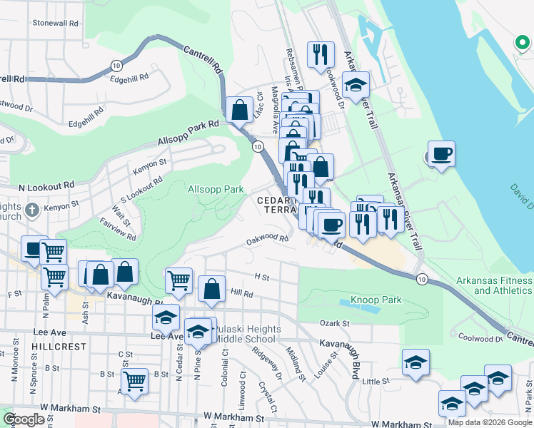 map of restaurants, bars, coffee shops, grocery stores, and more near in Little Rock