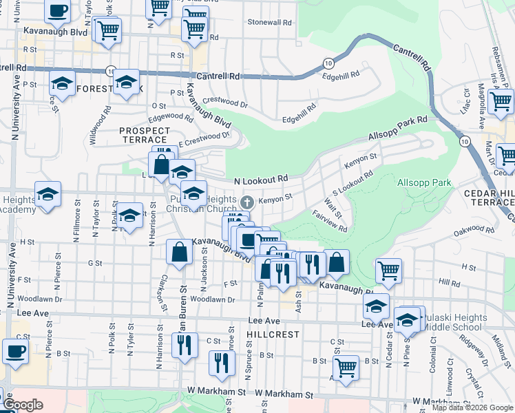 map of restaurants, bars, coffee shops, grocery stores, and more near 1019 North Palm Street in Little Rock