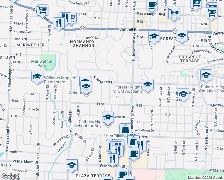 map of restaurants, bars, coffee shops, grocery stores, and more near 1014 North Cleveland Street in Little Rock