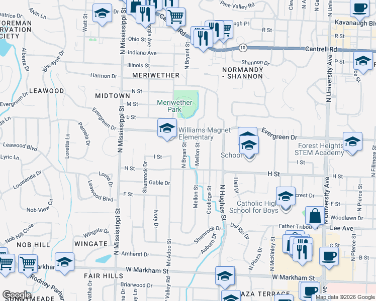 map of restaurants, bars, coffee shops, grocery stores, and more near 1000 Mellon Street in Little Rock