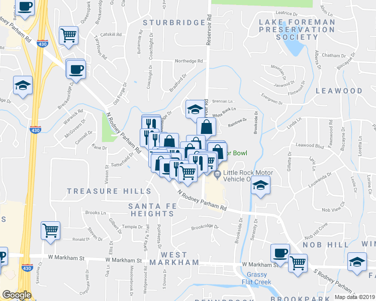 map of restaurants, bars, coffee shops, grocery stores, and more near 8 Towne Park Court in Little Rock