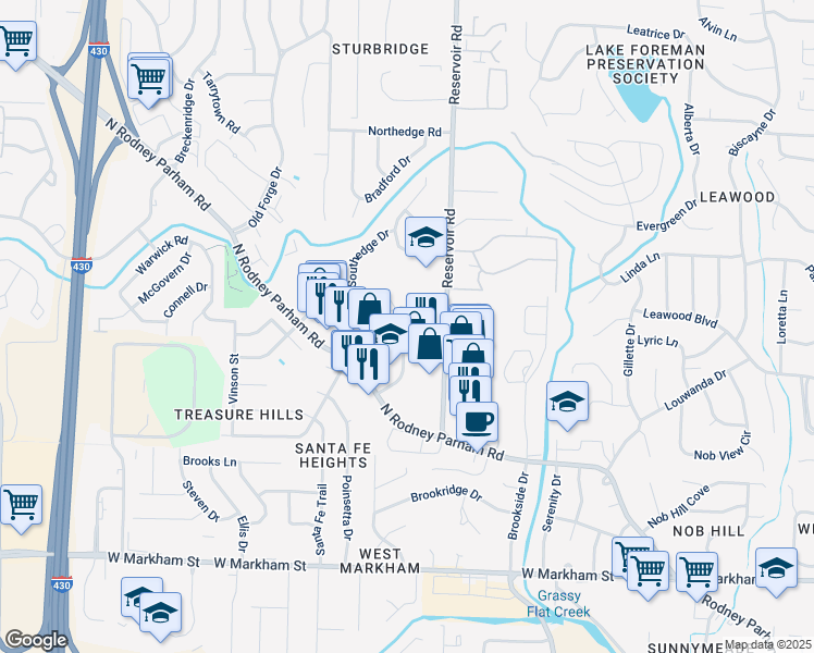 map of restaurants, bars, coffee shops, grocery stores, and more near 8 Towne Park Court in Little Rock