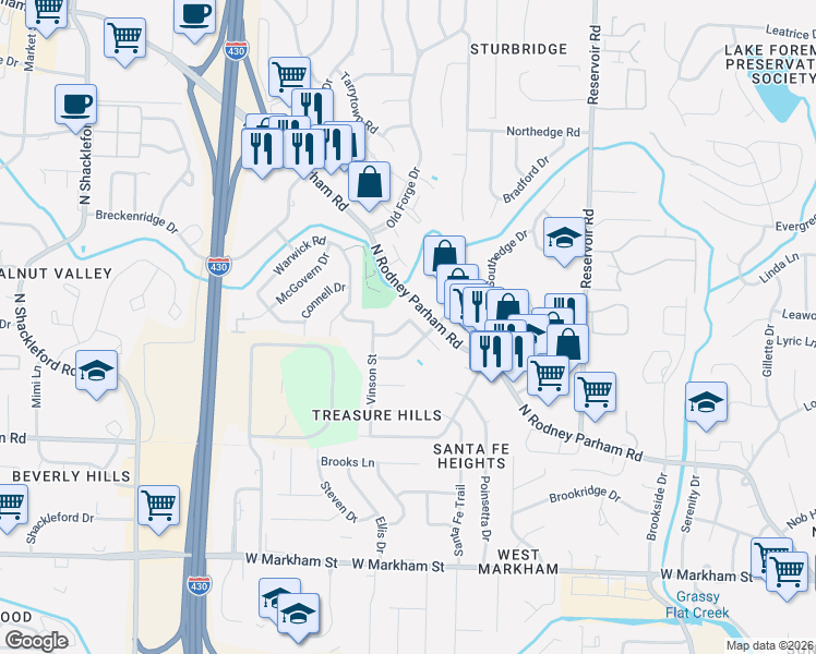 map of restaurants, bars, coffee shops, grocery stores, and more near 19 Overby Circle in Little Rock