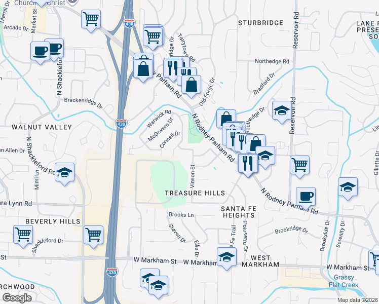 map of restaurants, bars, coffee shops, grocery stores, and more near 808 Vinson Street in Little Rock