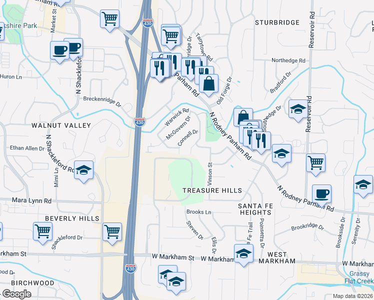 map of restaurants, bars, coffee shops, grocery stores, and more near 70 Warwick Road in Little Rock