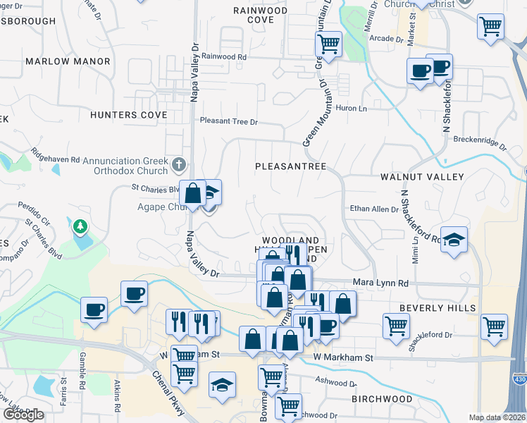 map of restaurants, bars, coffee shops, grocery stores, and more near 4 Pine Way Court in Little Rock