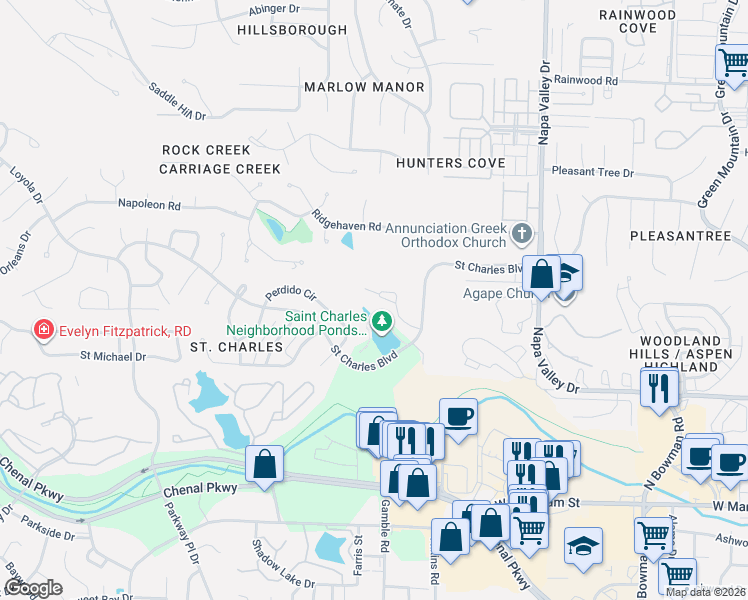 map of restaurants, bars, coffee shops, grocery stores, and more near 7 Saint Charles Court in Little Rock
