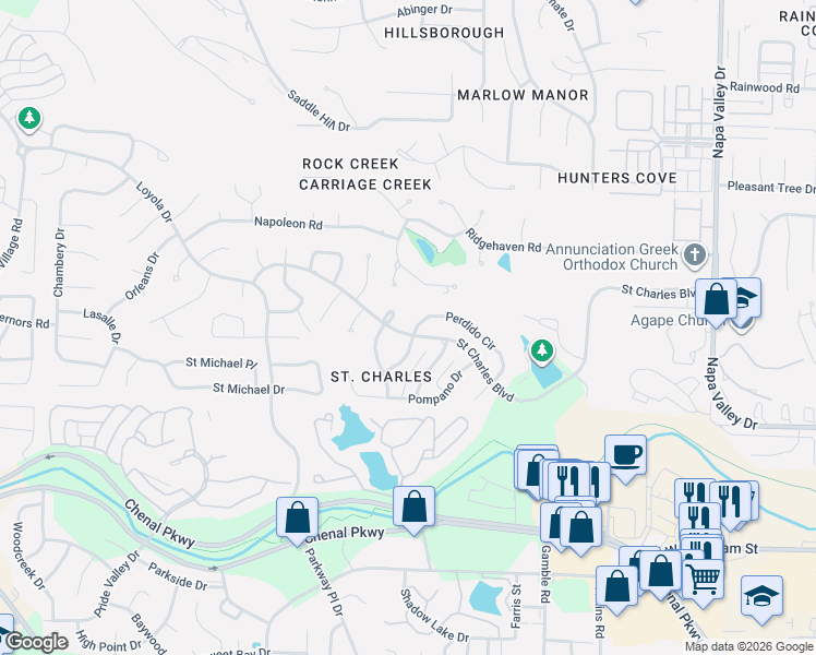 map of restaurants, bars, coffee shops, grocery stores, and more near 13517 Saint Charles Boulevard in Little Rock