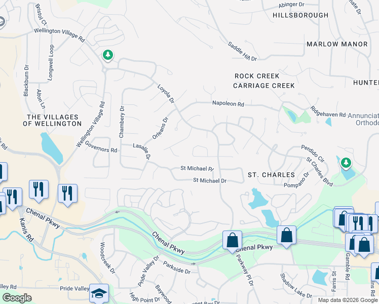 map of restaurants, bars, coffee shops, grocery stores, and more near 47 Saint Thomas Court in Little Rock