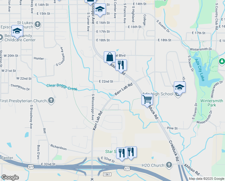 map of restaurants, bars, coffee shops, grocery stores, and more near 911 Railhead Drive in Ada