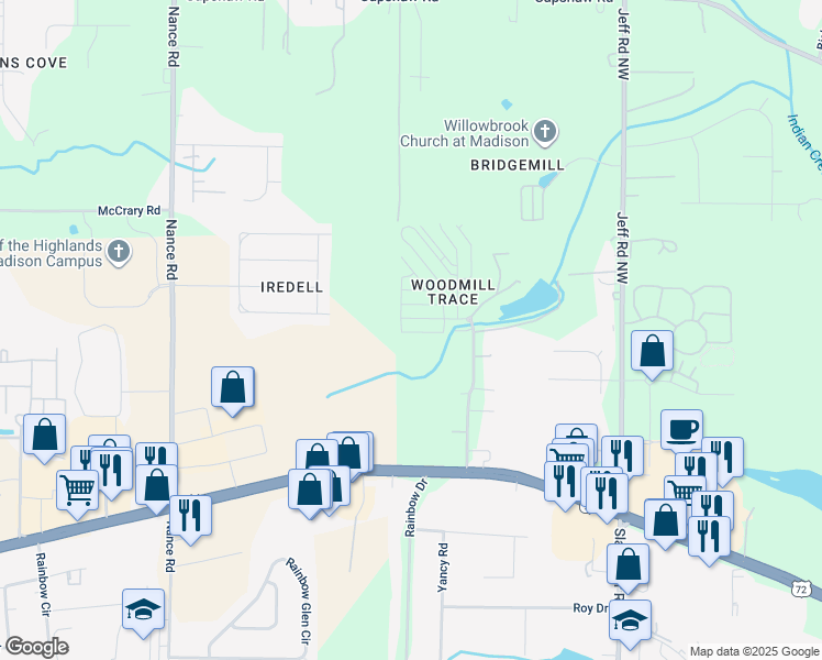 map of restaurants, bars, coffee shops, grocery stores, and more near 7325 Mill Creek Road in Madison