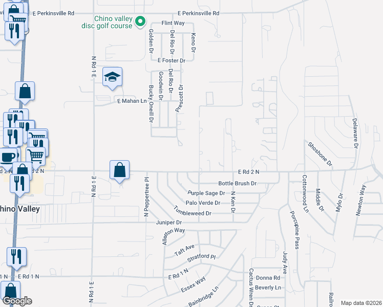map of restaurants, bars, coffee shops, grocery stores, and more near 1510 East Road 2 North in Chino Valley