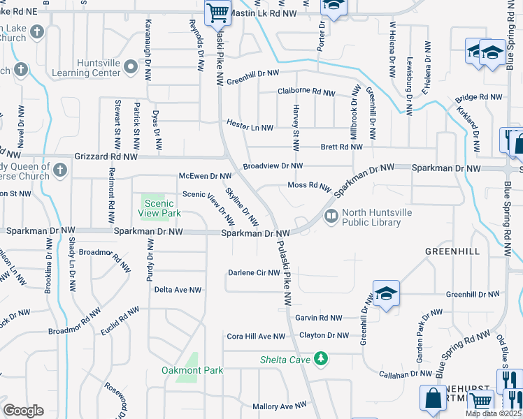 map of restaurants, bars, coffee shops, grocery stores, and more near 2606 Skyline Drive Northwest in Huntsville