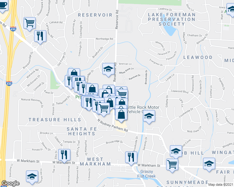 map of restaurants, bars, coffee shops, grocery stores, and more near 73 Reservoir Heights Drive in Little Rock