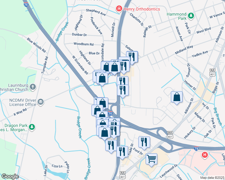 map of restaurants, bars, coffee shops, grocery stores, and more near in Laurinburg