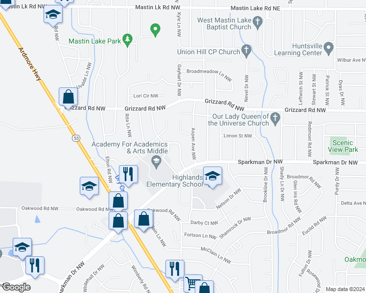 map of restaurants, bars, coffee shops, grocery stores, and more near 2606 Trail Ridge Road Northwest in Huntsville