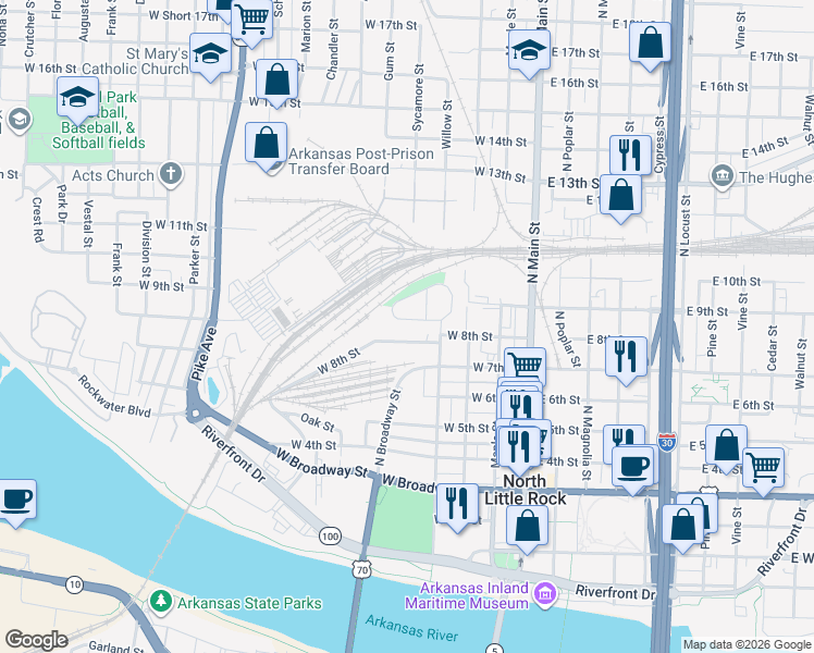 map of restaurants, bars, coffee shops, grocery stores, and more near 501 West 8th Street in North Little Rock