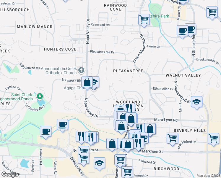 map of restaurants, bars, coffee shops, grocery stores, and more near 4 Pine Way Court in Little Rock