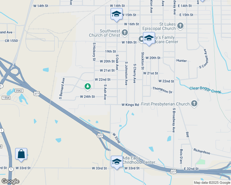 map of restaurants, bars, coffee shops, grocery stores, and more near 604 West 24th Street in Ada