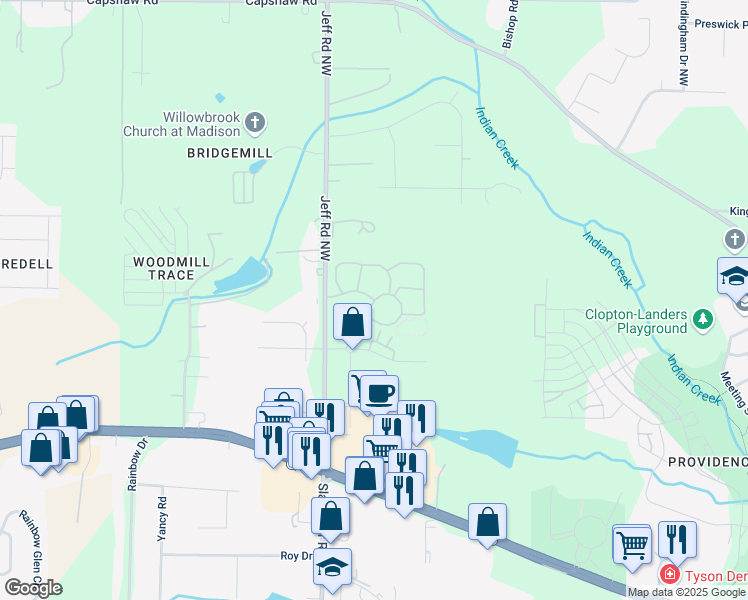 map of restaurants, bars, coffee shops, grocery stores, and more near Old Fairway Road in Huntsville