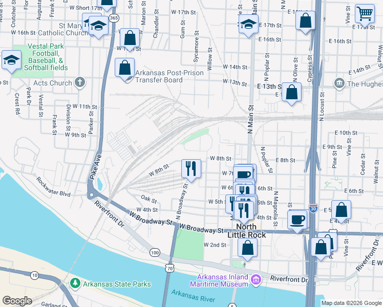 map of restaurants, bars, coffee shops, grocery stores, and more near 501 West 8th Street in North Little Rock
