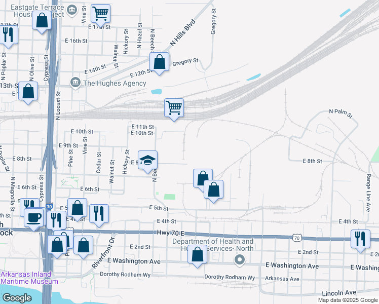 map of restaurants, bars, coffee shops, grocery stores, and more near 1301 East 8th Street in North Little Rock