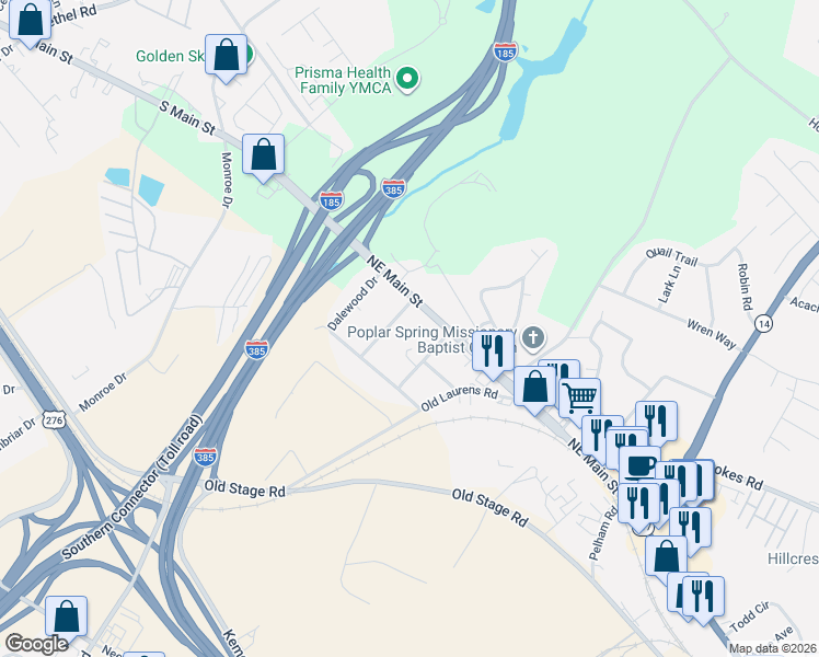 map of restaurants, bars, coffee shops, grocery stores, and more near 106 Decatur Avenue in Simpsonville