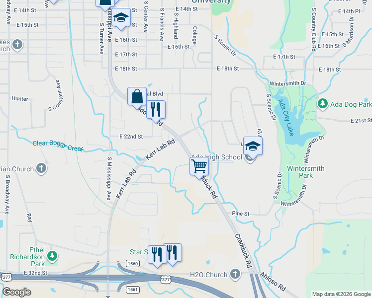map of restaurants, bars, coffee shops, grocery stores, and more near 1436-1538 South Cradduck Road in Ada