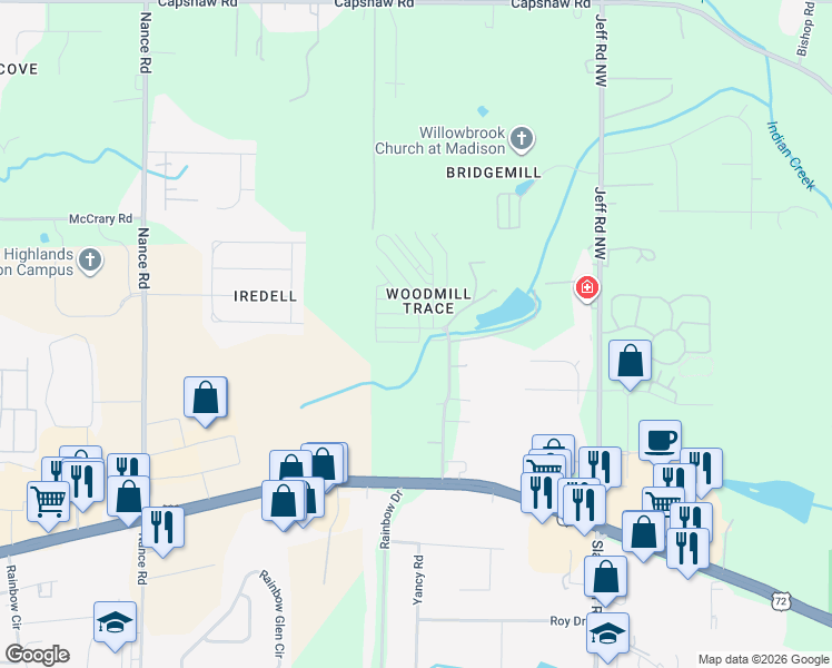 map of restaurants, bars, coffee shops, grocery stores, and more near 7301 Mill Creek Road in Madison