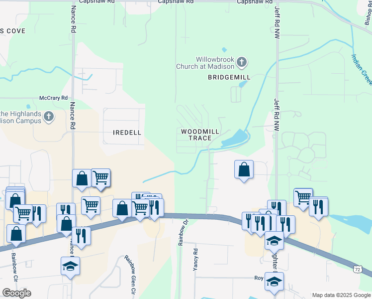 map of restaurants, bars, coffee shops, grocery stores, and more near 7325 Mill Creek Road in Madison