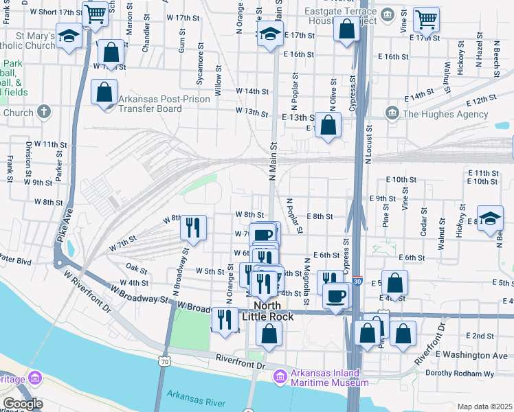 map of restaurants, bars, coffee shops, grocery stores, and more near 108 West 8th Street in North Little Rock