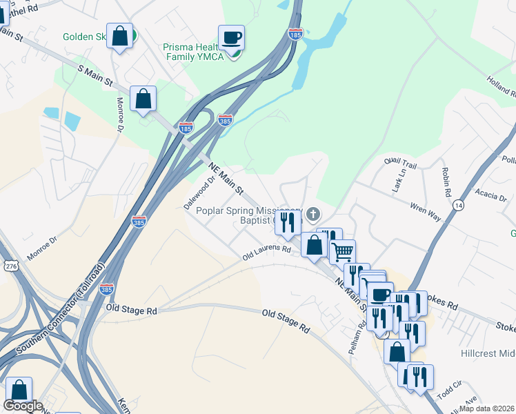 map of restaurants, bars, coffee shops, grocery stores, and more near 1316 Northeast Main Street in Simpsonville