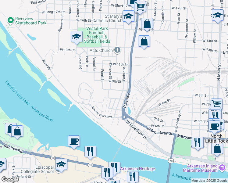 map of restaurants, bars, coffee shops, grocery stores, and more near 1228 West 8th Street in North Little Rock