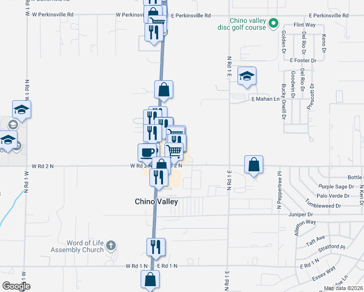 map of restaurants, bars, coffee shops, grocery stores, and more near 1031 Highway 89 in Chino Valley
