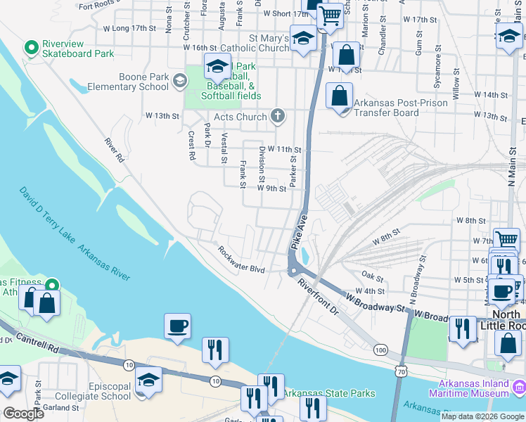map of restaurants, bars, coffee shops, grocery stores, and more near 1242 West 8th Street in North Little Rock